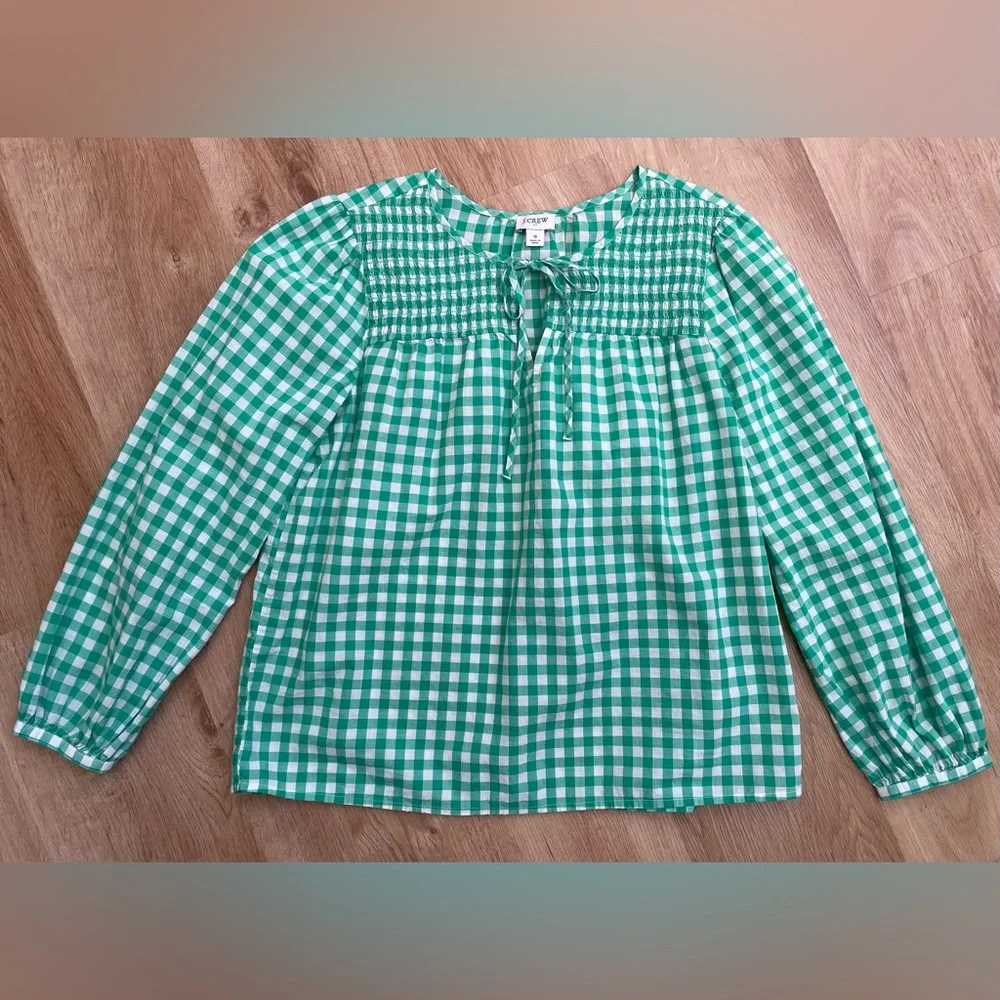 J. Crew green gingham white tie-neck smocked top small blouse preppy shirt